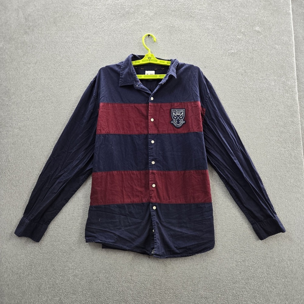 U.S. Polo Assn. Men Button Up Shirt XXL Navy Embroidered Rugby Crest Patch
